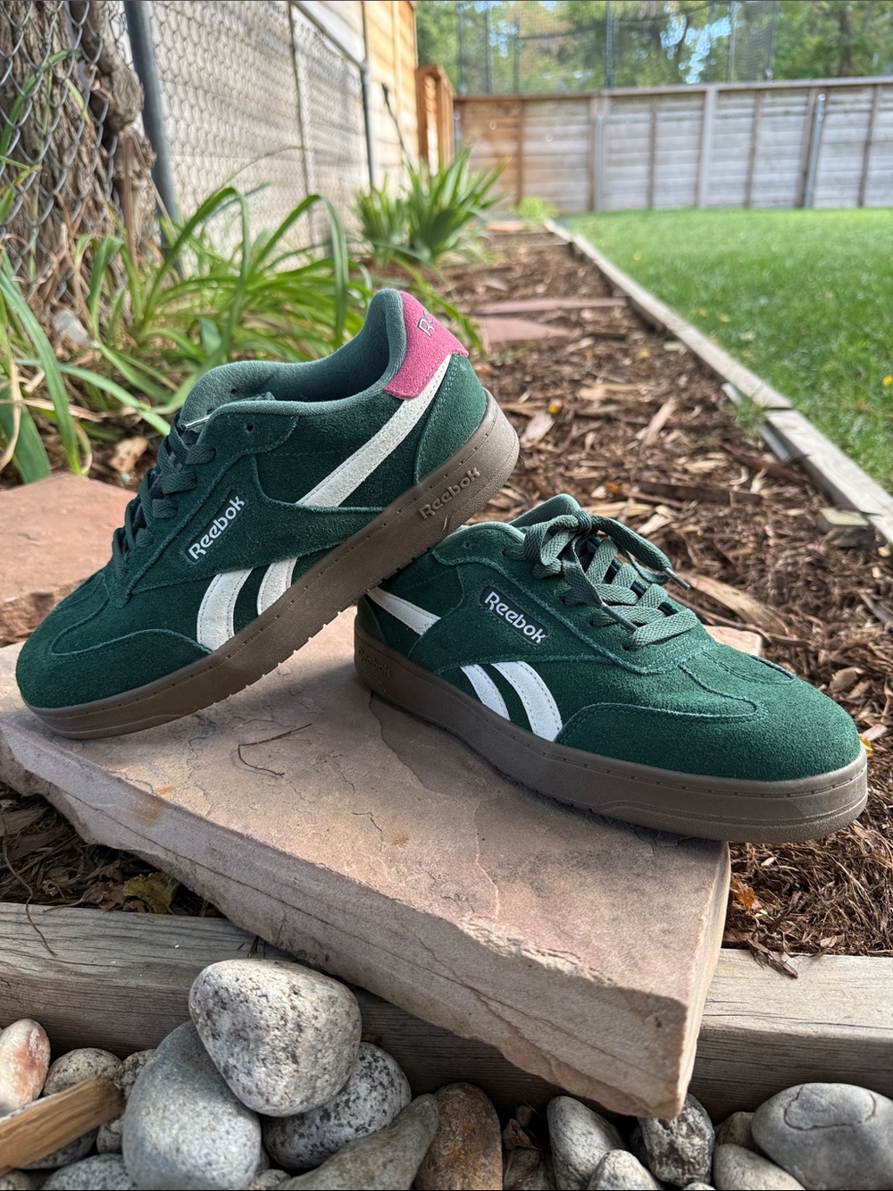 Reebok Green Suede Sneakers with Pink Heel Detailing